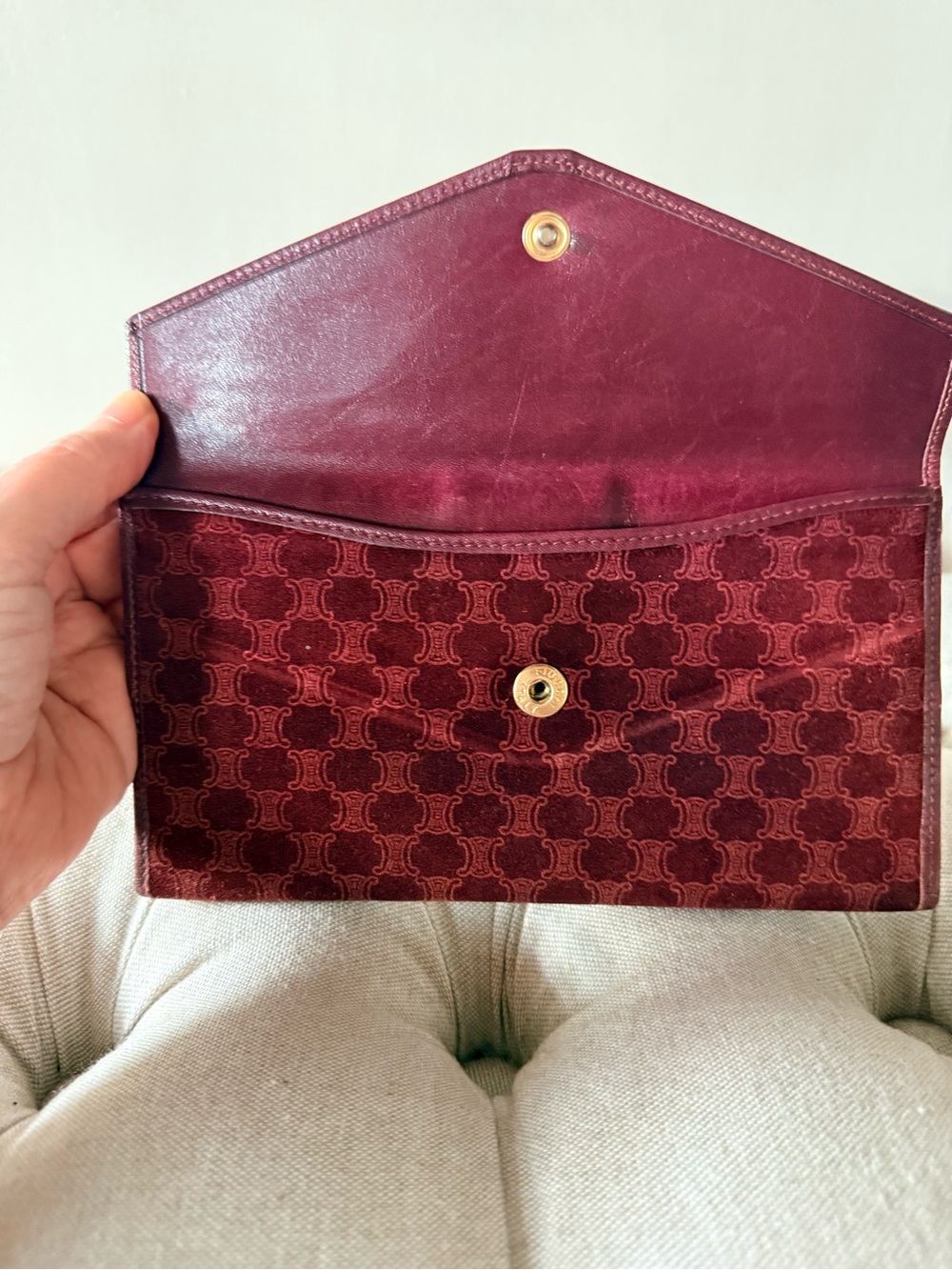 RARE Vintage Celine Triomphe Macadam Suede Long Wallet Bordeaux - Picture 2 of 10